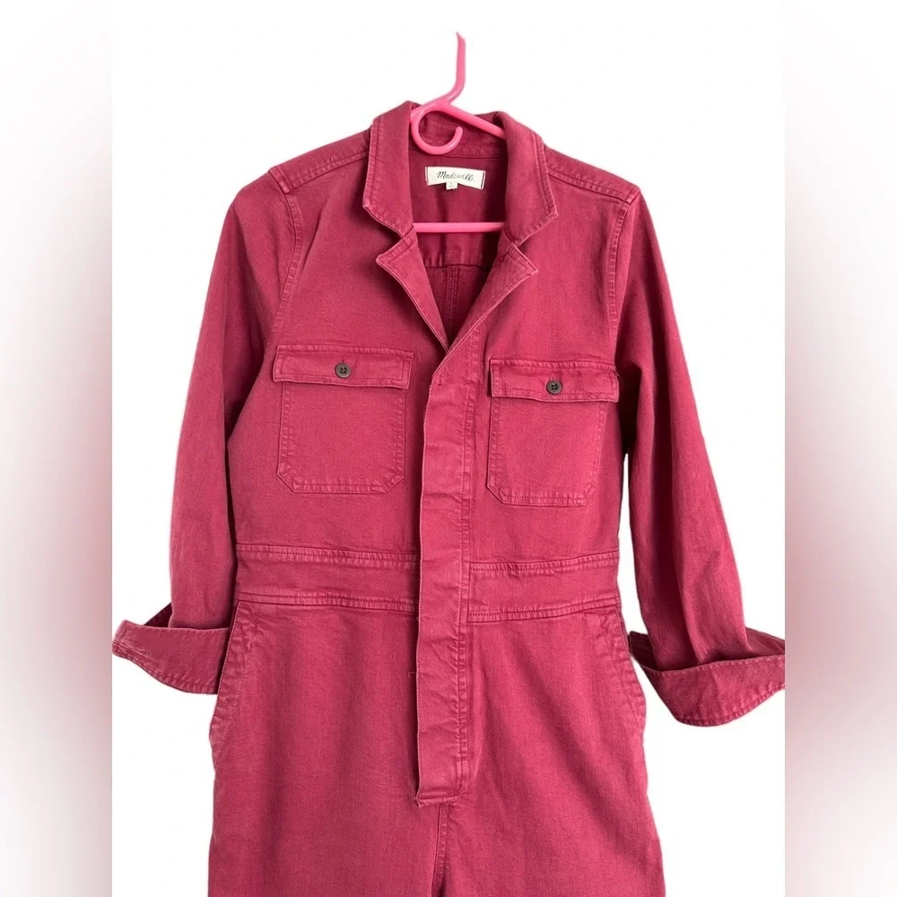 Madewell burgundy dyed denim straight leg overall long sleeve jumpsuit - Picture 4 of 10